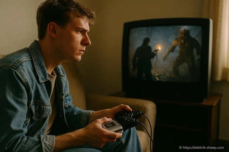 Jeune homme jouant à un jeu vidéo rétro