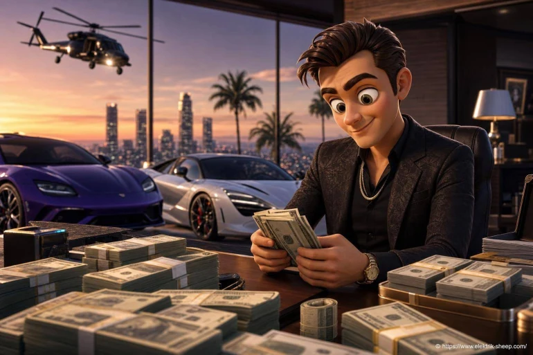 Personnage animé comptant des liasses de dollars
